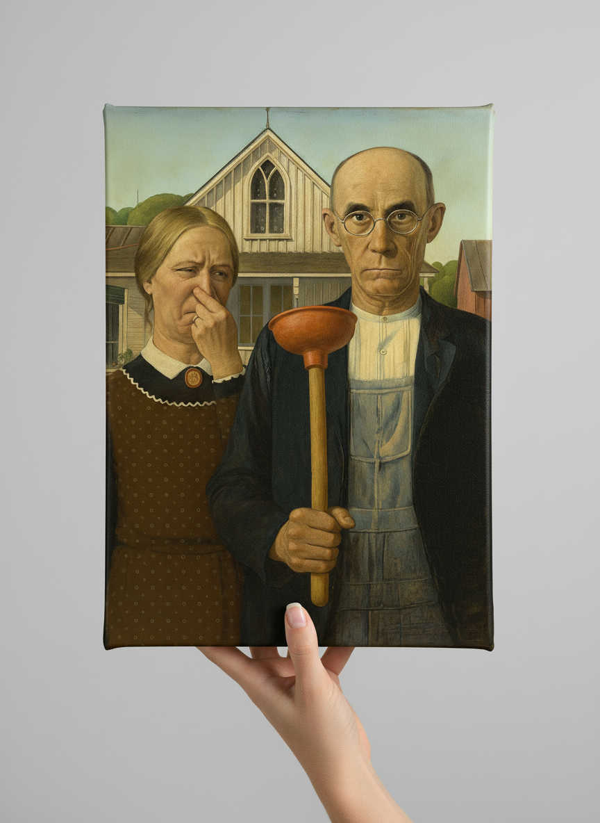 American Gothic Stink Face parody Canvas Wrap