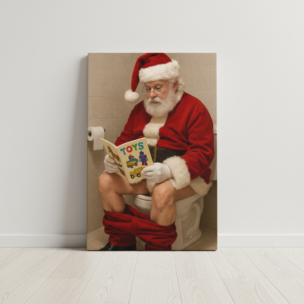 Santa on the Toilet Canvas Wrap – Flushing Through the Snow!