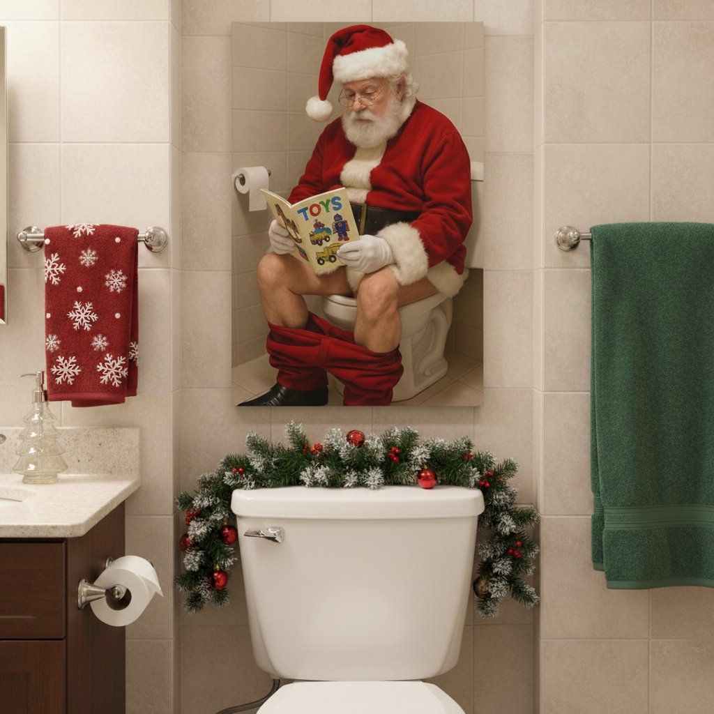 Santa on the Toilet Canvas Wrap – Flushing Through the Snow!